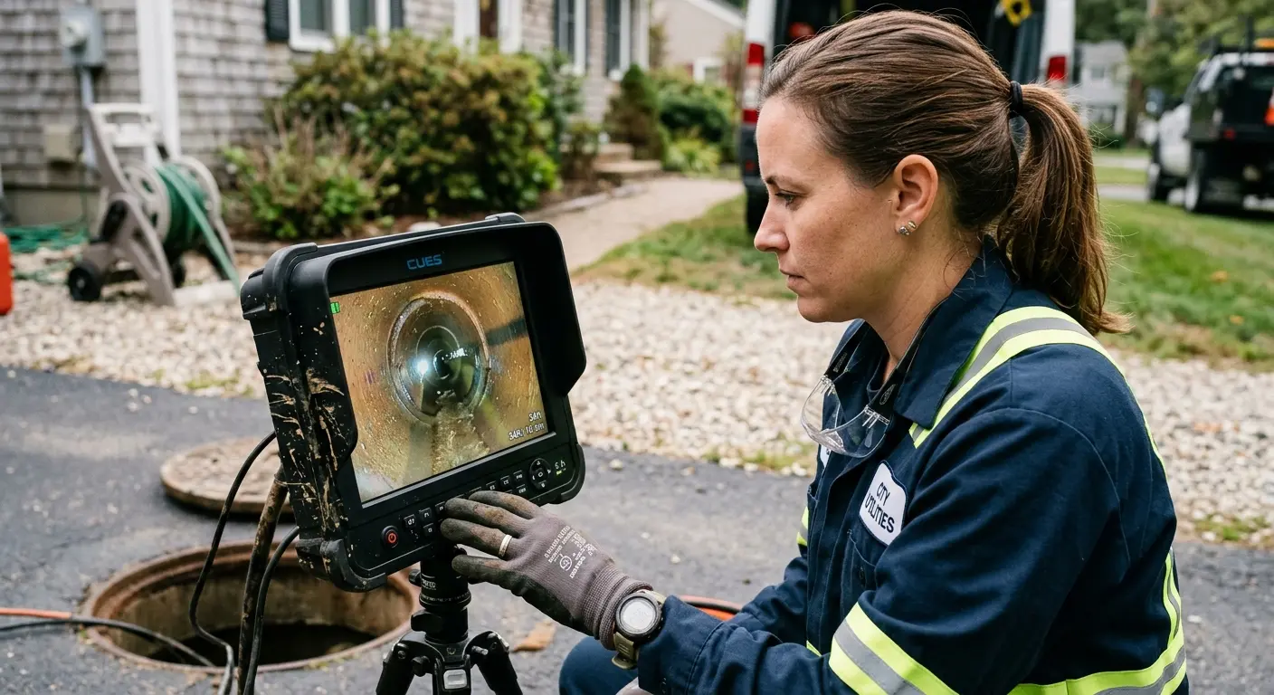 Technician reviewing sewer camera inspection footage in Plant City