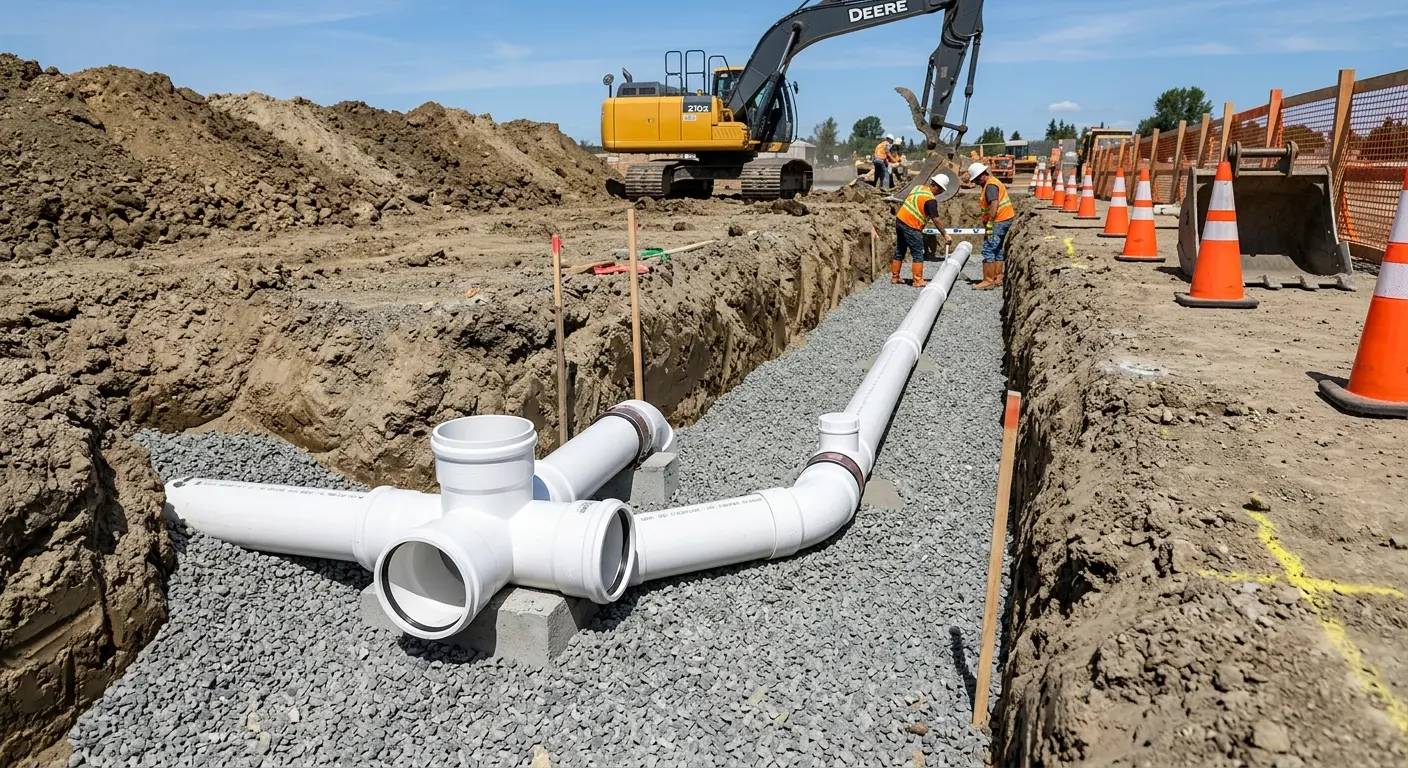 New PVC sewer pipe installation in open trench for Sewer Backup in Plant City